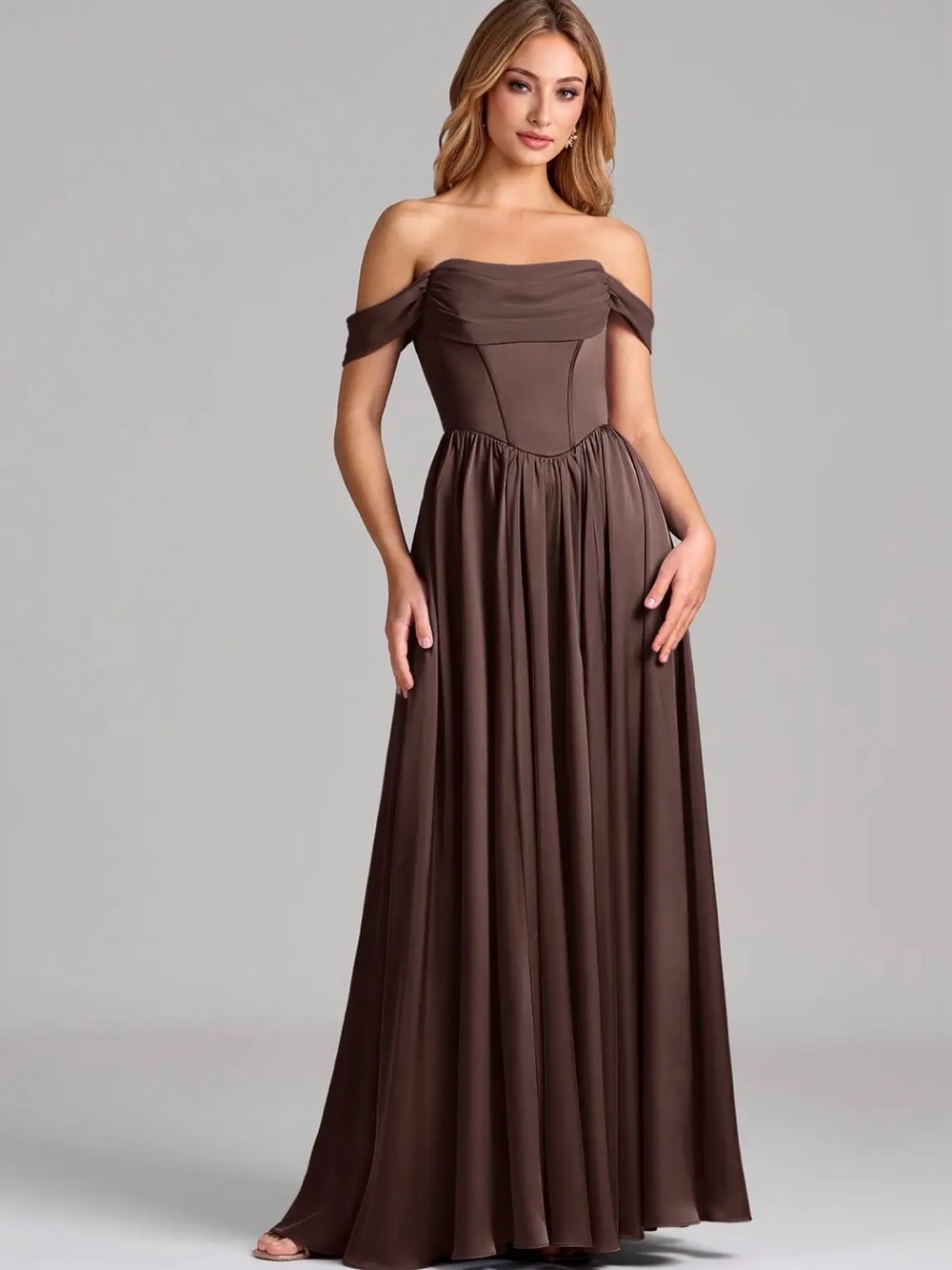 Azazie Raisa Off-the-Shoulder Evening Gown/Bridesmaids Dress in Ganache Size A6 - Picture 4 of 6